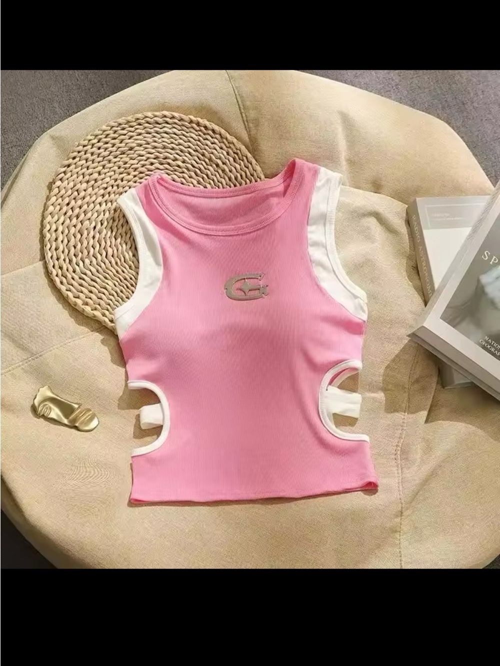 Pink White Color Block Cutout Side Crop Tank Top Ribbed Sleeveless